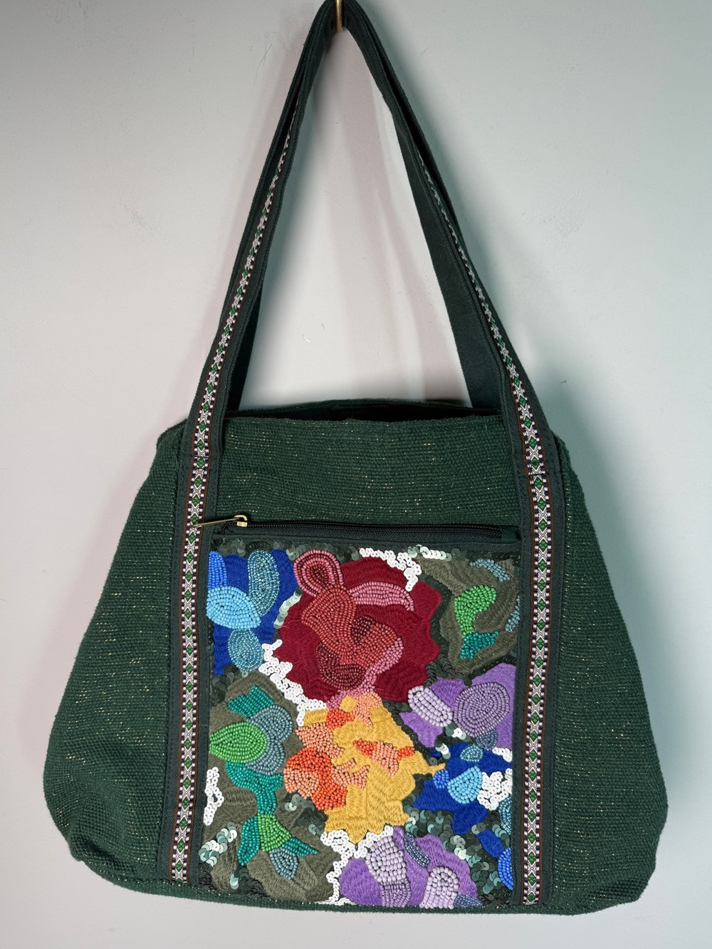 America & Beyond Beaded Floral Embroidered Boho Shoulder Tote Bag Green